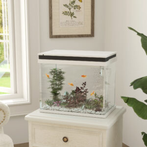 41 liters glasakvarium med filtersystem, LED-lys, vandpumpe, til forskellige fiskearter, hvid
