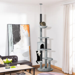 Deckenhoher Kratzbaum höhenverstellbar 225-255 cm mit Kippschutz Katzenhöhle Kratzstämme Spielball Grau