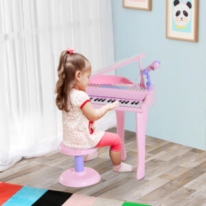Børnekeyboard med 37 tangenter, klaverskammel med mikrofon, LED-undervisningstilstand, optagelse, klaverinstrument til 3-6-årige børn, lyserød