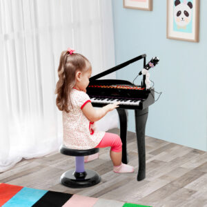 Børnekeyboard med 37 tangenter, skammelklaver med mikrofon, LED-undervisningstilstand, optagelse, klaverinstrument til 3-6-årige børn, sort