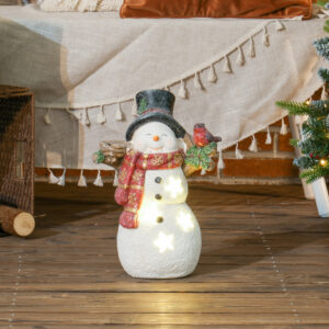 Juledekoration, snemand med fugl, 4 varme hvide LED'er, batteridrevet, 25 x 15,5 x 38 cm