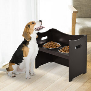 Højdejusterbar Hundeskål Foderstation med Rustfri Stålskål, til Hunde og Katte, MDF, Mørkebrun, 54 x 31,5 x 47 cm