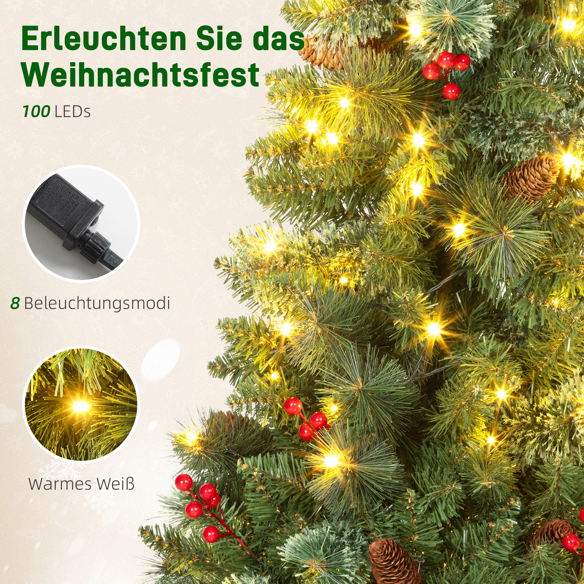 Kunstigt Juletræ 120 cm Kunstigt Grantræ med 100 LED-lys, 8 tilstande ...