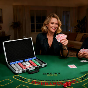 Pokerkasse, komplet pokersæt med 400 chips, 11,5 gram, 2 sæt kort, 5 terninger, dealer-skive, spillemåtte, aluminiumskas