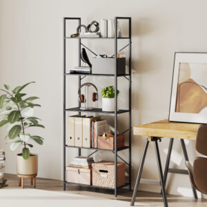Bogreol, 5-lags fritstående hylde, industriel kontorreol med metalramme, åben opbevaringsreol til stue, kontor, arbejdsværelse, 60x30x170,5 cm, sort