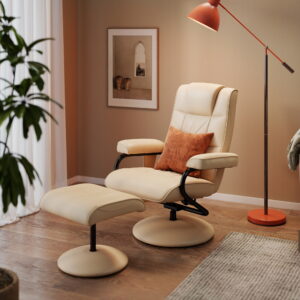 Lænestol med lænefunktion, Massagestol, TV-stol, TV-stol med massagefunktion, Skammel, Kunstlæder, Cremehvid, 77x84x95cm