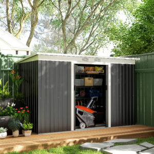 Haveskur, redskabsskur med skydedør, ventilationsvindue, skråtag, udendørs, stål, mørkegrå, 280 x 130 x 172 cm