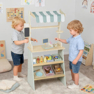 Børnelegebutik, supermarked med kasseapparat, scanner, whiteboard, 34 legeredskaber, grøn