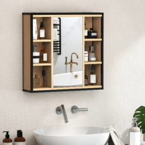 Spejlskab til badeværelse, 6 åbne rum, 3-lags hylde, vægmonteret, eg