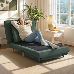 3-i-1 sovesofa med sengefunktion, lænestol, justerbar ryglæn, ben i bøgetræ, hynde, mørkegrøn