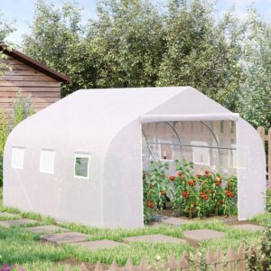 Tunneldrivhus, 6 rullevinduer, dør med lynlås, rivefast folie, metalramme, 3,5 x 3 x 2 m, hvid