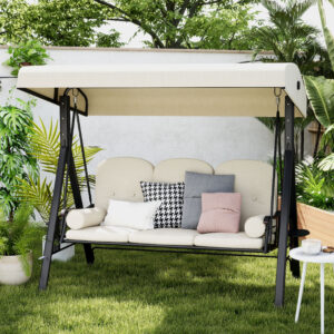 3-personers Hollywood gyngestol med solsejl, beige og brun, 121 x 208 x 172 cm
