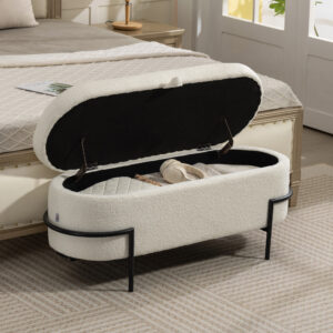 Opbevaringsskammel, Fodskammel med Låg og Opbevaringsplads, Stålben, Polstret Skammel med Fleecebetræk, Cremehvid