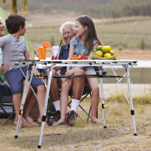 Picnic klapbord, sammenklappeligt bord, højdejusterbart campingbord, inkl. bæretaske, aluminium, sølv, 120 x 69 x 59-78 cm