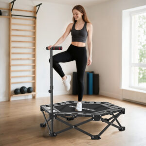Fitnesstrampolin med justerbart T-håndtag, foldbar, bæretaske, 120 kg lasteevne, stål, plastik, sort