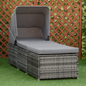 Solseng polyrattan med soltag justerbar haveseng rattan liggestol med hynde grå 195x65x40cm til afslappende timer i haven