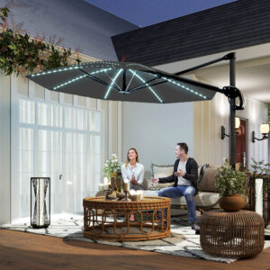Aluminiums cantilever parasol LED solcelle Ø300cm højdejusterbar parasol med håndsving UV50+ vandafvisende 360° drejelig markedsparasol vipbar haveparasol solbeskyttelse til havebalkon mørkegrå