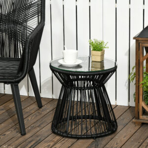 Rundt havebord med hult tromledesign, bistrobord med glasbordplade, sort sofabord til have og altan