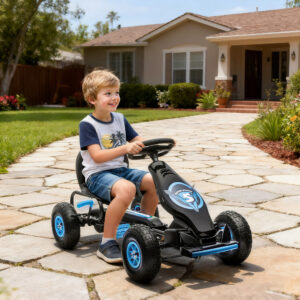 Gokart Børnekøretøj Blå/Sort med Justerbart Sæde, Gummidæk, Pedal, Håndbremse, Fra 5 år, Til Udendørs Sjov