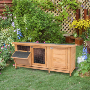 Vintersikkert kaninbur i træ, 112x50x54 cm, med bitumentag, 2 døre, metalnet, egnet til kaniner og marsvin, udendørs brug, natur/sort