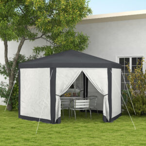 Pavillon 4x4 m havepavillon med myggenet, sekskantet, festtelt lavet af polyester og metal, mørkegrå til havefester