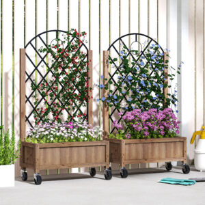 Sæt med 2 hævede havebede/plantekasser med hjul, espalier og plantepotter/blomsterkasser, træ, 52x25x97cm, brun