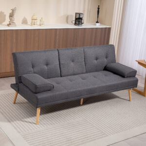 3-personers sovesofa med klapbord og kopholder, skandinavisk design i mørkegrå, kan klare op til 250 kg