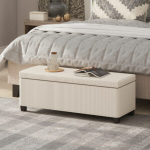 Opbevaringsbænk med corduroy-look, polstret bænk med stålben, kommodebænk til stue, soveværelse, entré, 112 x 42 x 40 cm, beige