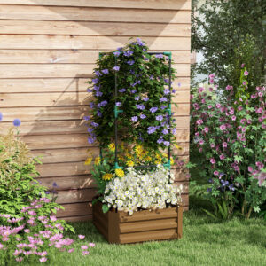 Højbed med espalier, plantekasse med klatrehjælp, åben bund, vejrbestandig, 61 cm x 61 cm x 140 cm, brun