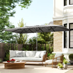 Dobbeltparasol med håndsving 451 x 264 cm, UV-beskyttelse 50+ parasol, vindtæt haveparasol, balkonparasol, aluminiums markedsparasol, solbeskyttelse til balkon, terrasse, have, mørkegrå