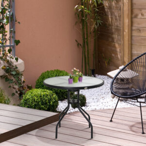 Havebord, balkonbord, bistrobord med paraplyhul Ø80 cm, hærdet glas og sort metal, ideelt til have og terrasse