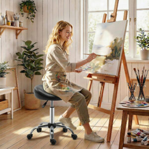 Rullende skammel Højdejusterbar arbejdsskammel med hjul Drejelig Kunstlæder Sort 48 x 48 x 54-69 cm til Salon & Massage