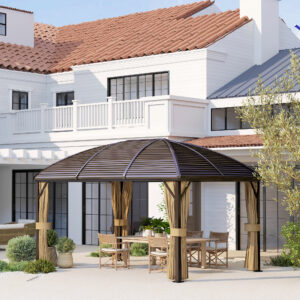 Pavillon med hardtop, 4x3 m vandtæt, stabil, vintersikker havepavillon med myggenet, kroge, sidepaneler, buet tag, havepavillon af aluminium, til have, terrasse, brun