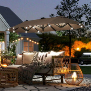 Dobbelt parasol 292 x 150 cm, parasol med LED-belysning, håndsving, vippefunktion, khaki