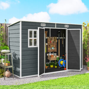 Haveskur 3,2m², redskabsskur med luttag, 303x123x197cm med vindue, aflåselig dør, ventilationsåbning, gulv