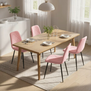 Spisestole Sæt med 4 Køkkenstole med Ryglæn, Fløjlslook, Lænestol Polstret Stol med Stålben, Stole, Stuestol til Spisebord, Pink