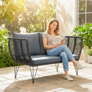 Havesofa med hynder, 2-personers sofa, udendørs balkonsofa, rattansofa, polyrattan havemøbler, 123 x 67 x 72 cm, lysegrå