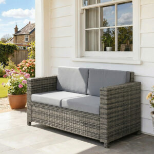 Polyrattansofa med hynder, 2-personers haveloungesofa, metal, polyester, grå, 130 x 70 x 80 cm
