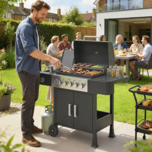 Gasgrill 17,8 kW 6+1 brænder BBQ grillvogn lavet af rustfrit stål inklusive hjul, sidebrænder, termometer, emaljeret grillrist