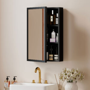 Spiegelschrank, Badezimmerschrank mit 3 Etagen, Medizinschrank, Hängeschrank für Schlafzimmer, Schwarz, 40 x 12 x 60 cm