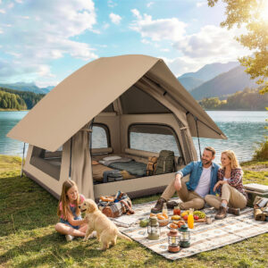 Pop-up-telt med regnslag, vandtæt kuppeltelt til 2-3 personer med bund, 4 vinduer, 235x235x184 cm, khaki