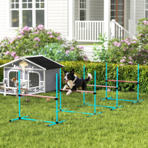 Agilitysæt til hunde, 4-delt, højdejusterbart agilityudstyr med 4 forhindringer, bæretaske, 99 x 65 x 94 cm, lyseblå