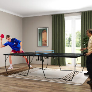 Tischtennisplatte Outdoor, Klappbar Tischtennistsich mit Netz, Rollen, 2 Tischtennisschlägern und 3 Bällen, Stahl, Schwarz, 274 x 152,5 x 76 cm
