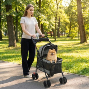 Sammenklappelig hundebåren/hundevogn med hynde, netvinduer, kopholder, 360° drejelige hjul til små hunde op til 10 kg, grå
