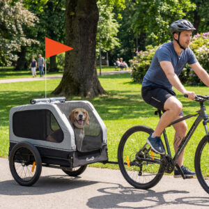 Sammenklappelig cykeltrailer til mellemstore hunde op til 20 kg med nedklappelig rampe, reflekser, snor, flag, grå