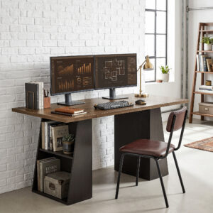 Skrivebord med 4 åbne hylder, industrielt design, 140 cm, brun-sort