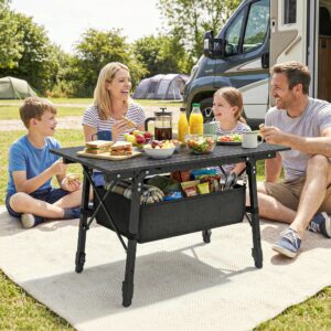 Campingbord, Sammenklappeligt Picnicbord med Opbevaringskurv, Bæretaske, Højdejusterbart Sammenklappeligt Bord, Til Havefester, Camping, Grill, Aluminium Sort