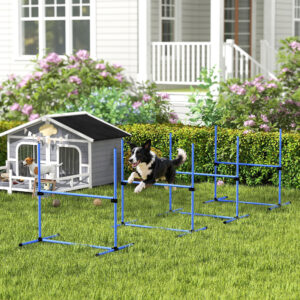 Agility-sæt til hunde, 4 dele, 99 x 65 x 94 cm, højdejusterbar med 2 hækkestænger, 2 slalomstænger og 4 jordstænger, lavet af plastik, blå