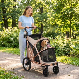 Sammenklappelig hundebåren/hundevogn til hunde op til 20 kg med 360° drejelige hjul, netvindue, hynde, justerbart håndtag, lysebrun