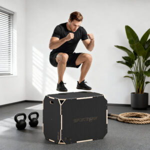 3-i-1 Plyo Box, hoppeboks med håndtagsåbninger, til hjemmefitness og udendørs træning, 3 hoppehøjder, træ, sort